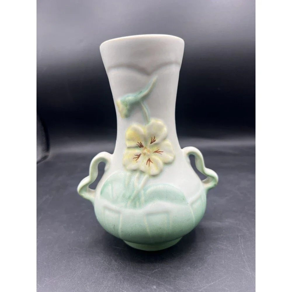 Vintage Weller Panella Double Handle Pansy Art Pottery Vase Green 6.5” USA